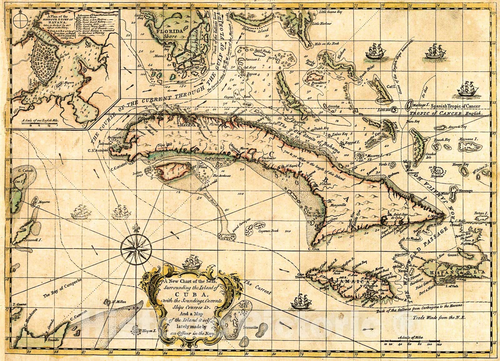 Historic 1762 Map - A New Chart of The seas Surrounding The Island of Cuba with The soundings, Currents, Ships, Courses and a map of The Island