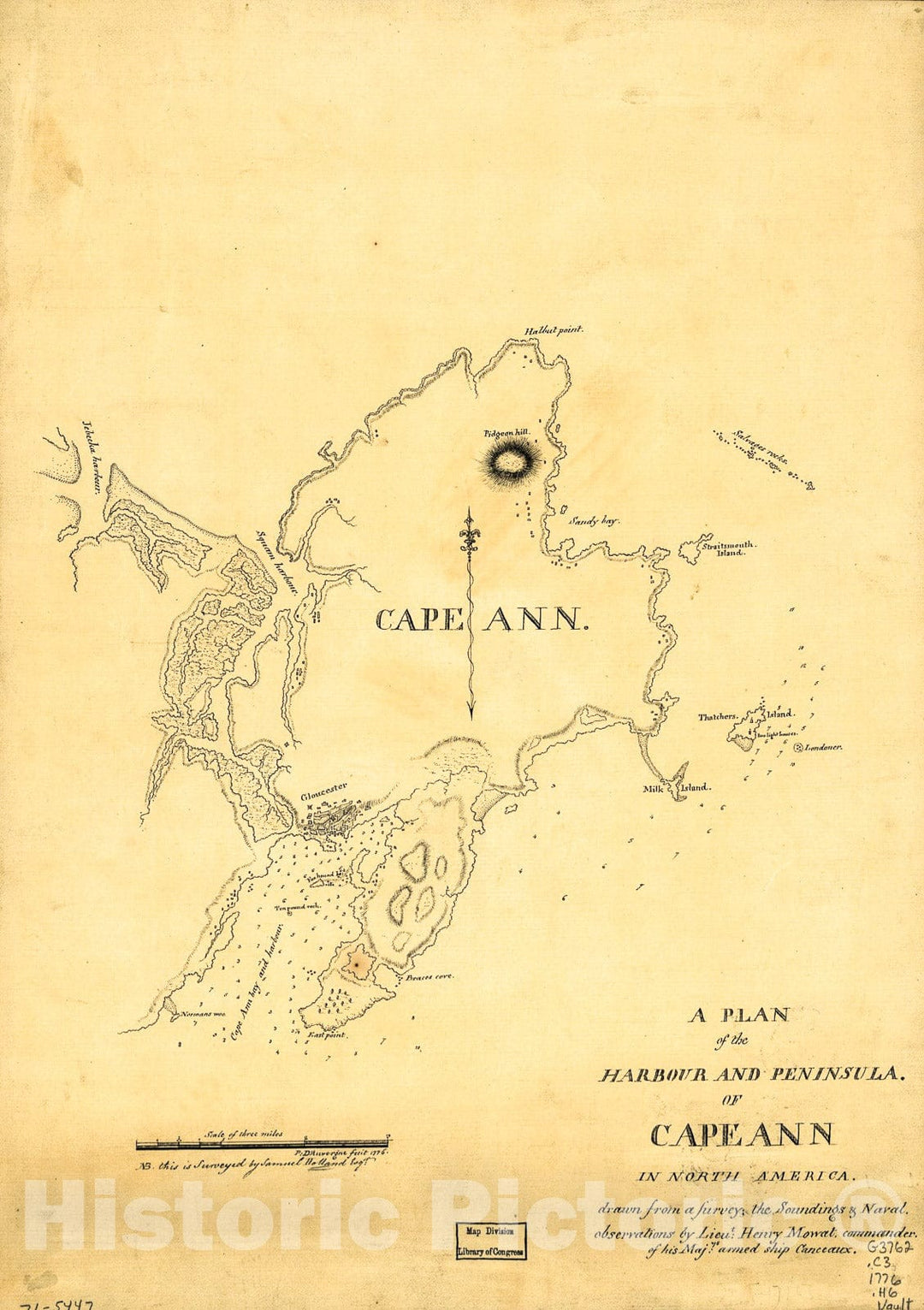 Historic 1776 Map - A Plan of The Harbour and Peninsula of Cape Ann in North America,