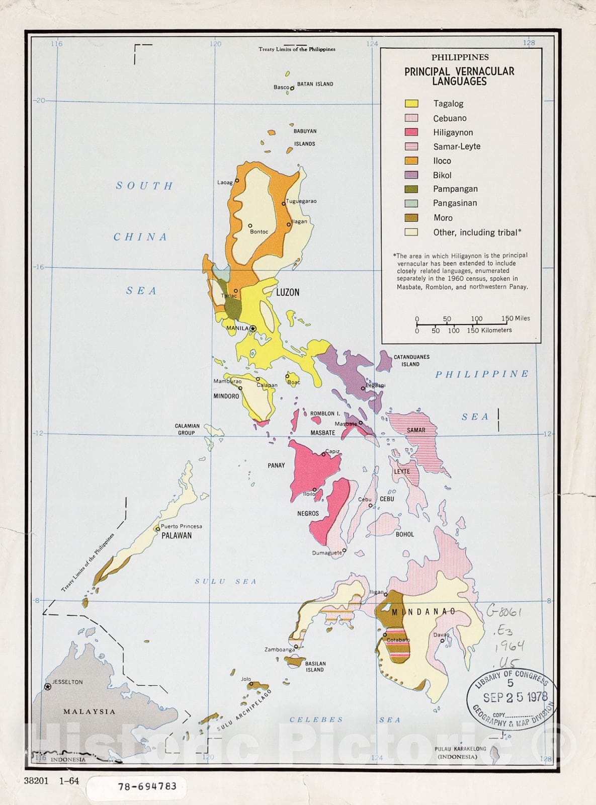 Historic 1964 Map - Philippines, Principal Vernacular Languages.