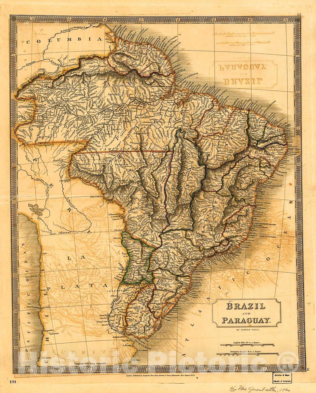 Historic 1828 Map - Brazil and Paraguay