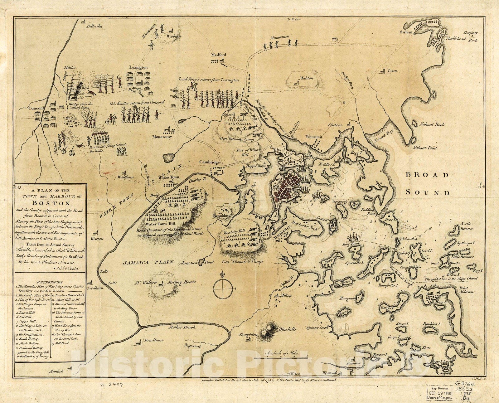 Historic 1775 Map - A Plan of The Town and Harbour of Boston and The Country Adjacent with The Road from Boston to Concord