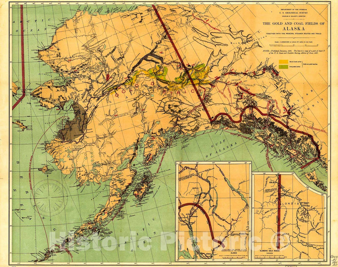 Historic 1898 Map - The Gold and Coal Fields of Alaska : Together with The Principal Steamer Routes and Trails