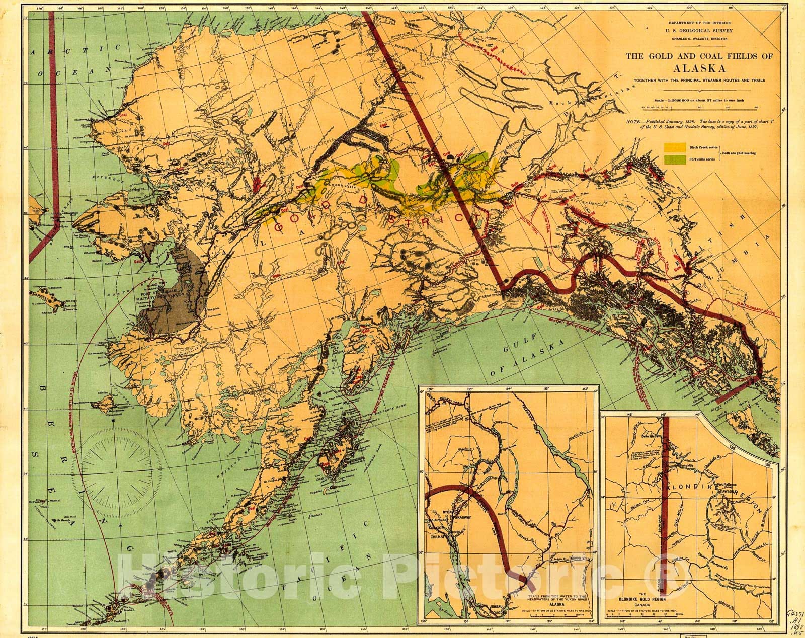 Historic 1898 Map - The Gold and Coal Fields of Alaska : Together with The Principal Steamer Routes and Trails