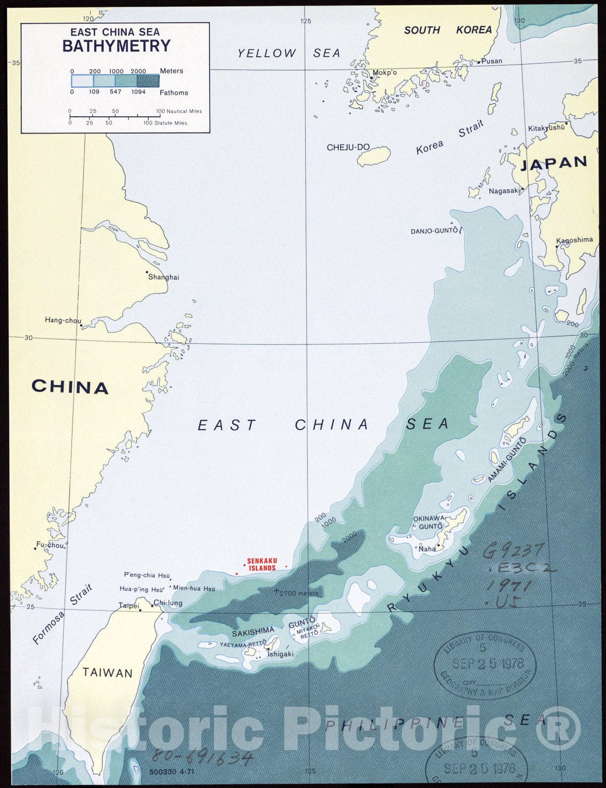 Historic 1971 Map - East China Sea, Bathymetry.