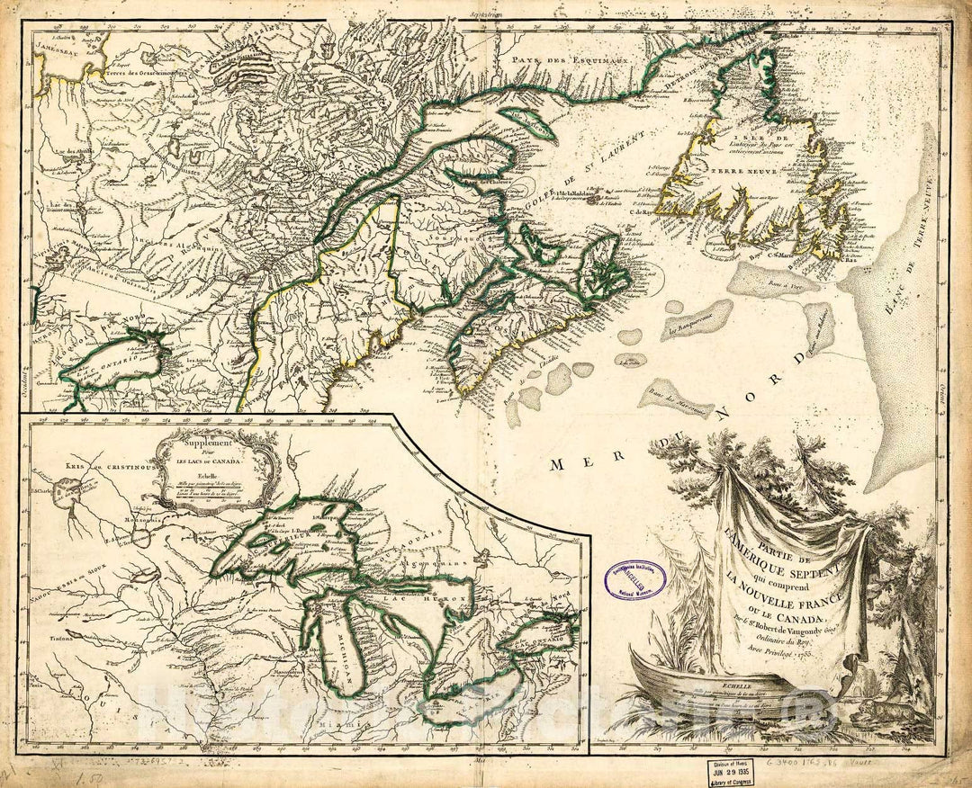 Historic 1786 Map - Partie de l'AmÃ©rique septent qui comprend la Nouvelle France ou le Canada,