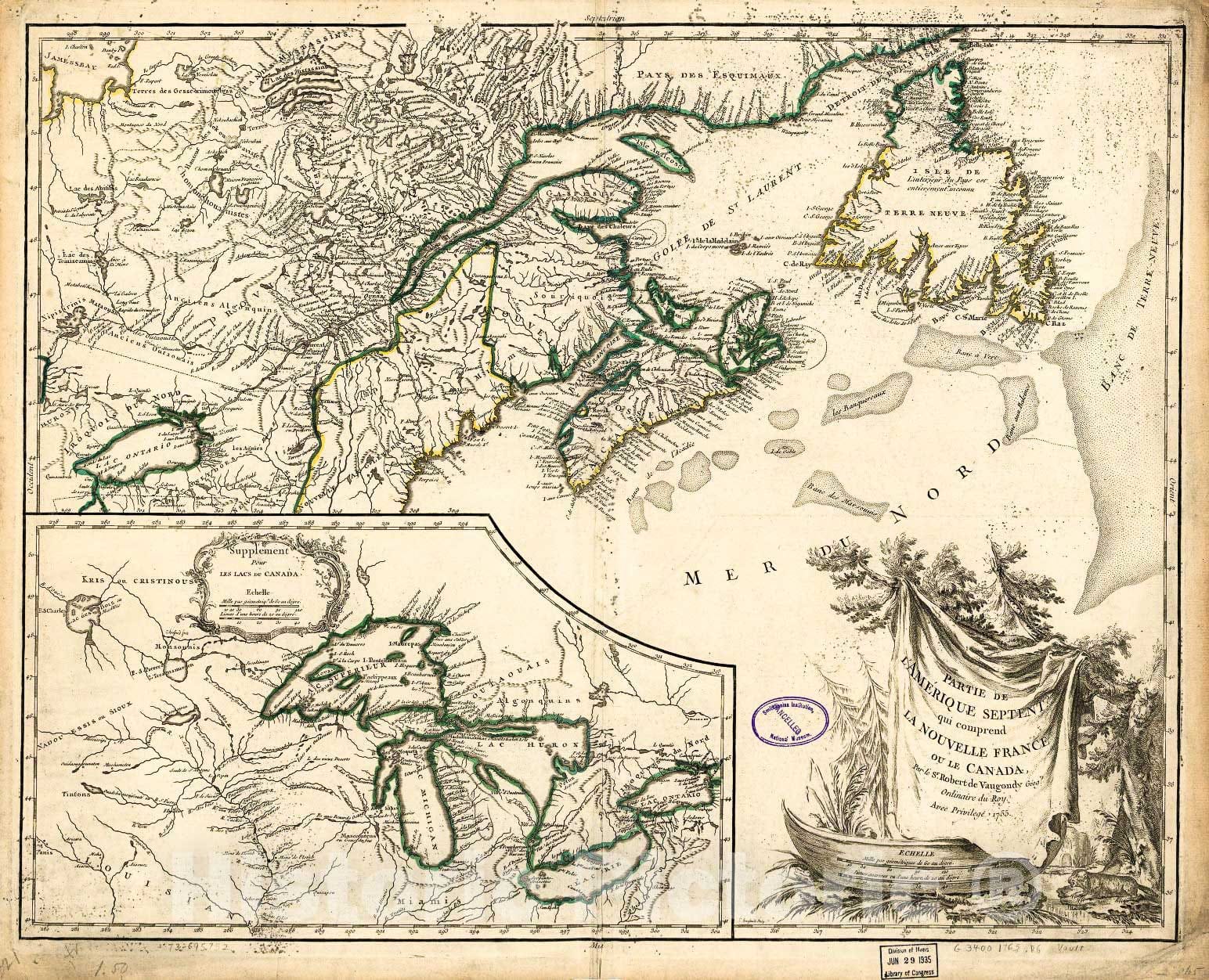 Historic 1786 Map - Partie de l'AmÃ©rique septent qui comprend la Nouvelle France ou le Canada,