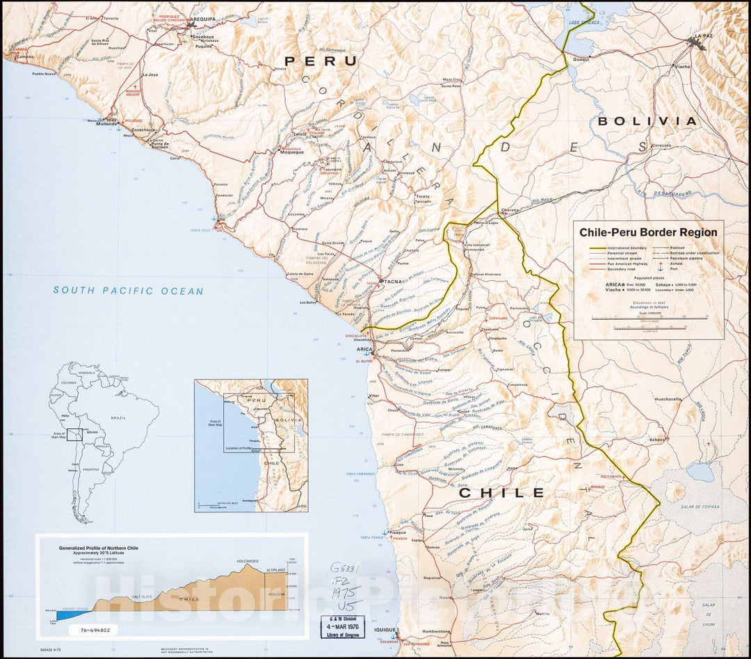 Historic 1975 Map - Chile-Peru Border Region. 9-75.