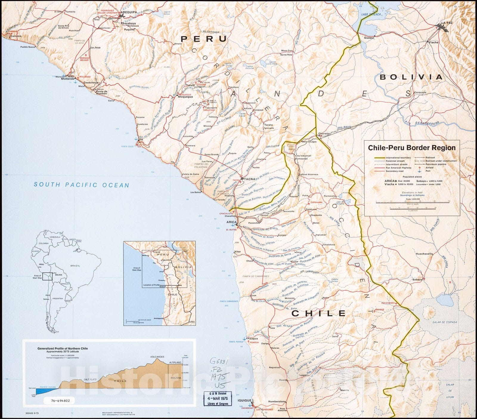 Historic 1975 Map - Chile-Peru Border Region. 9-75.