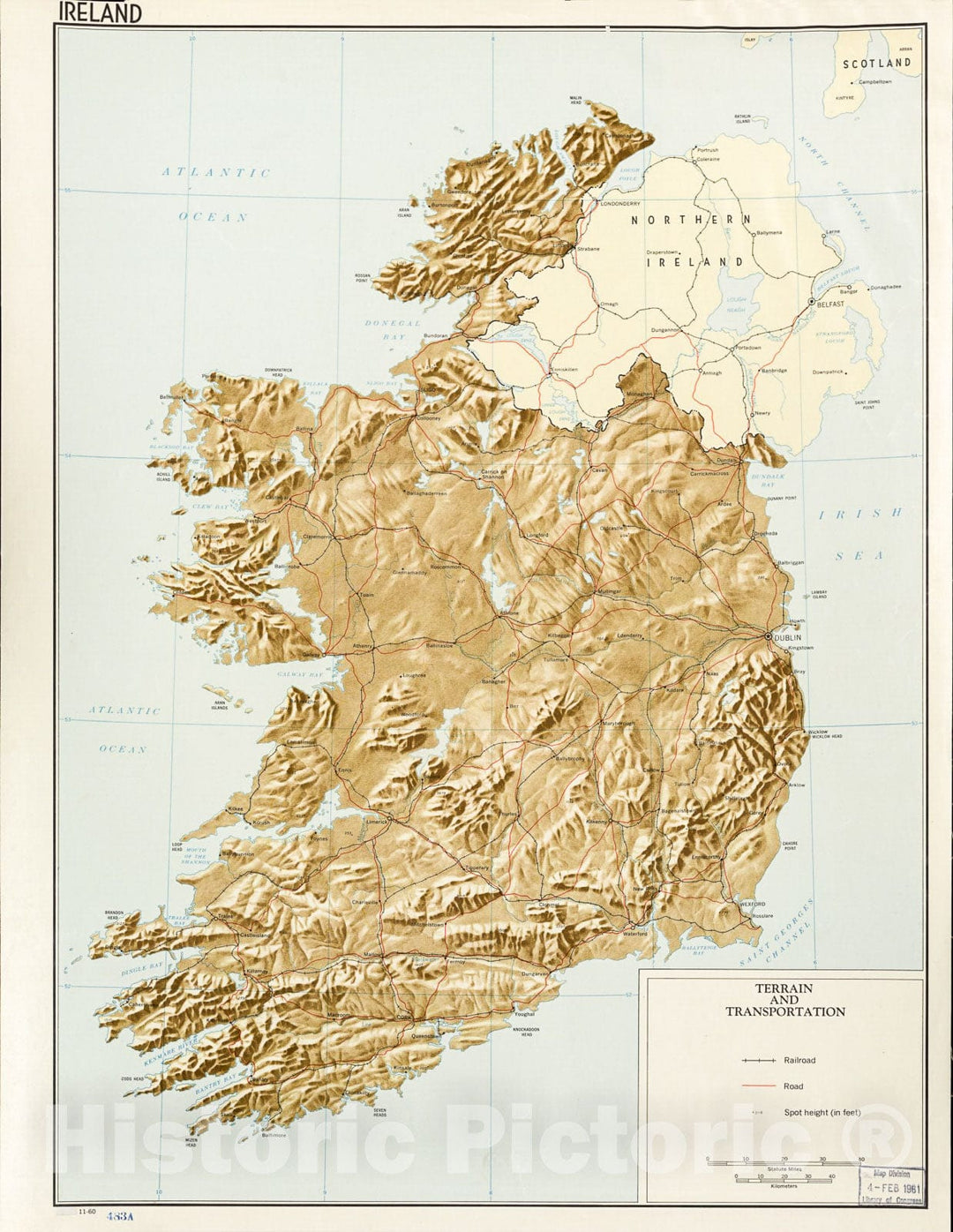 Historic 1960 Map - Ireland: Terrain and Transportation. 11-60.