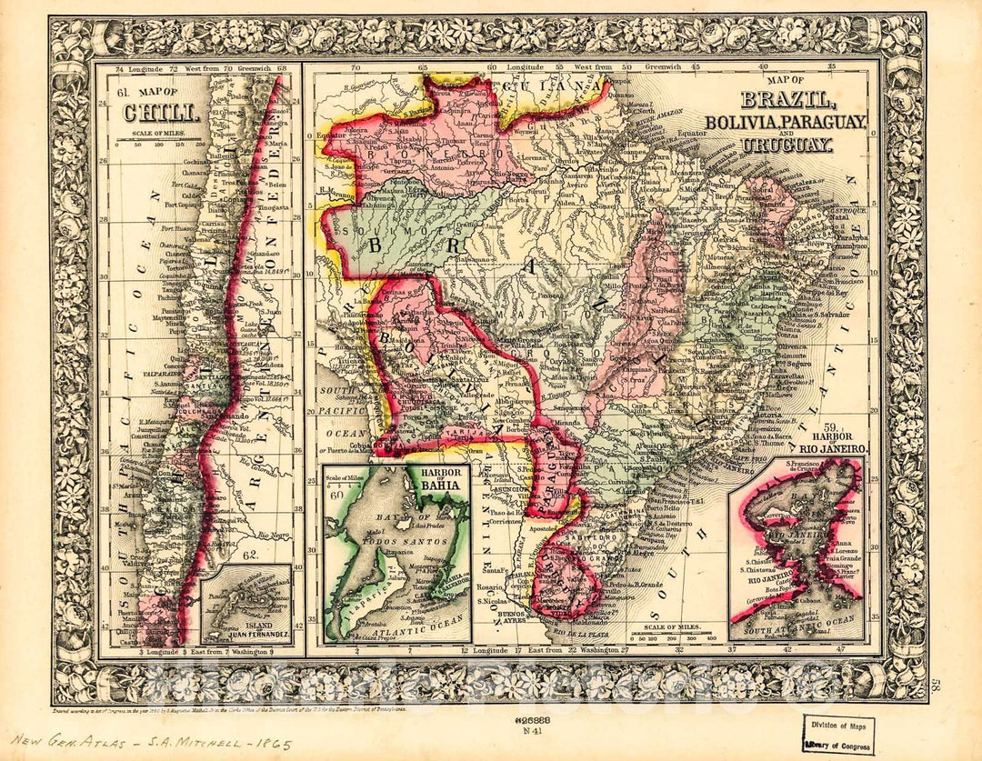 Historic 1871 Map - Map of Brazil, Bolivia, Paraguay, and Uruguay ; Map of Chili.