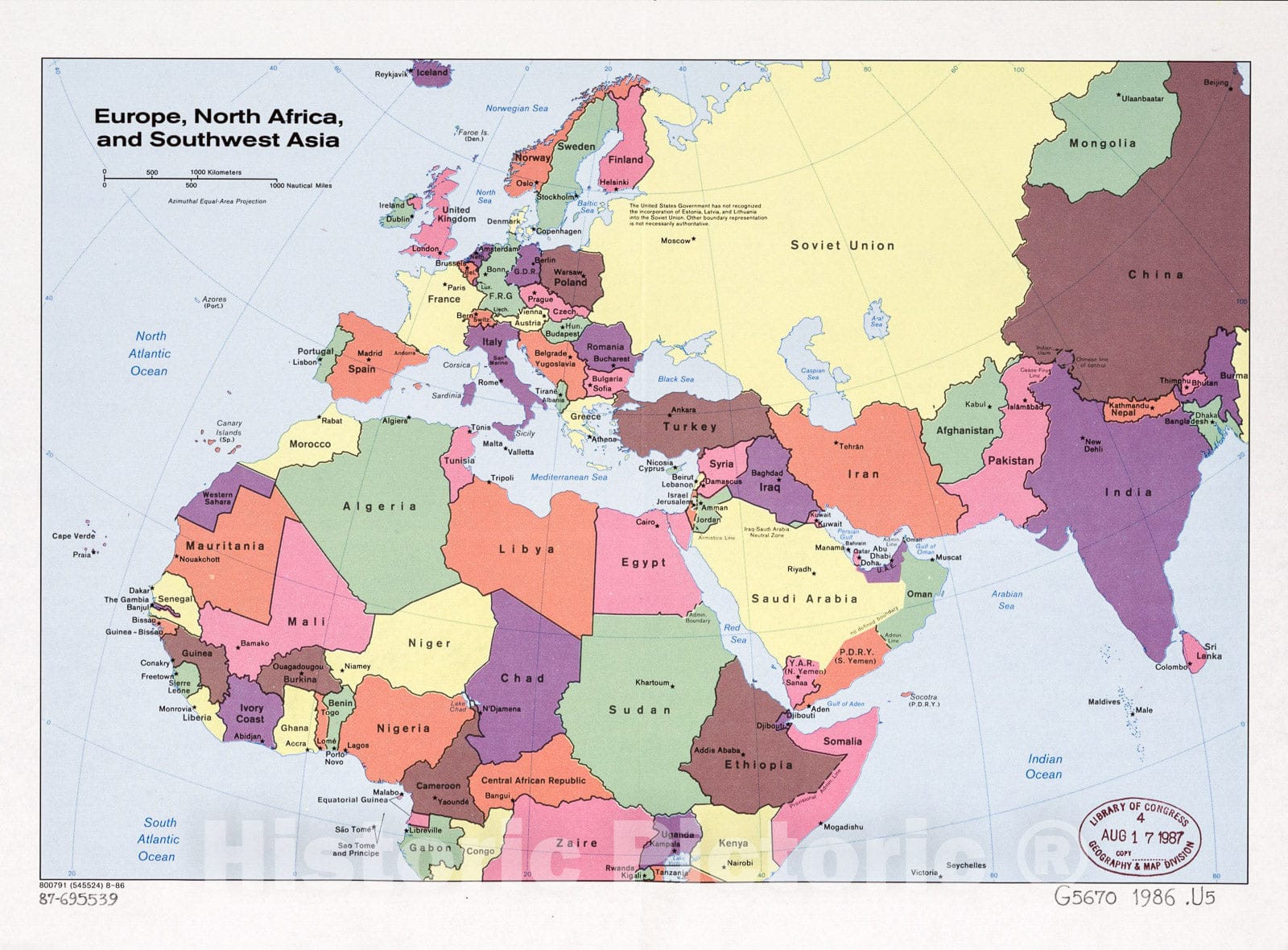 Historic 1986 Map - Europe, North Africa, and Southwest Asia.