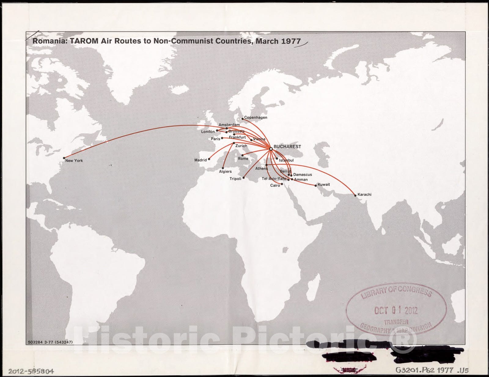 Historic 1977 Map - Romania-TAROM air Routes to Non-Communist Countries : March 1977 : The World