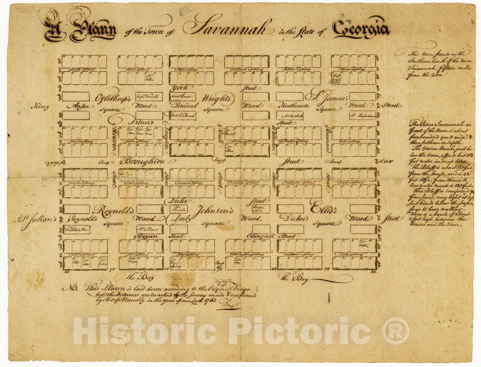 Historic 1761 Map - A plann of The Town of Savannah in The State of Georgia.