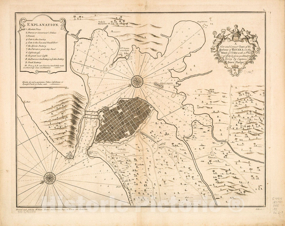 Historic 1758 Map - A New and Correct Chart of The Harbour of Havana on The Island of Cuba with a Plan of ye City