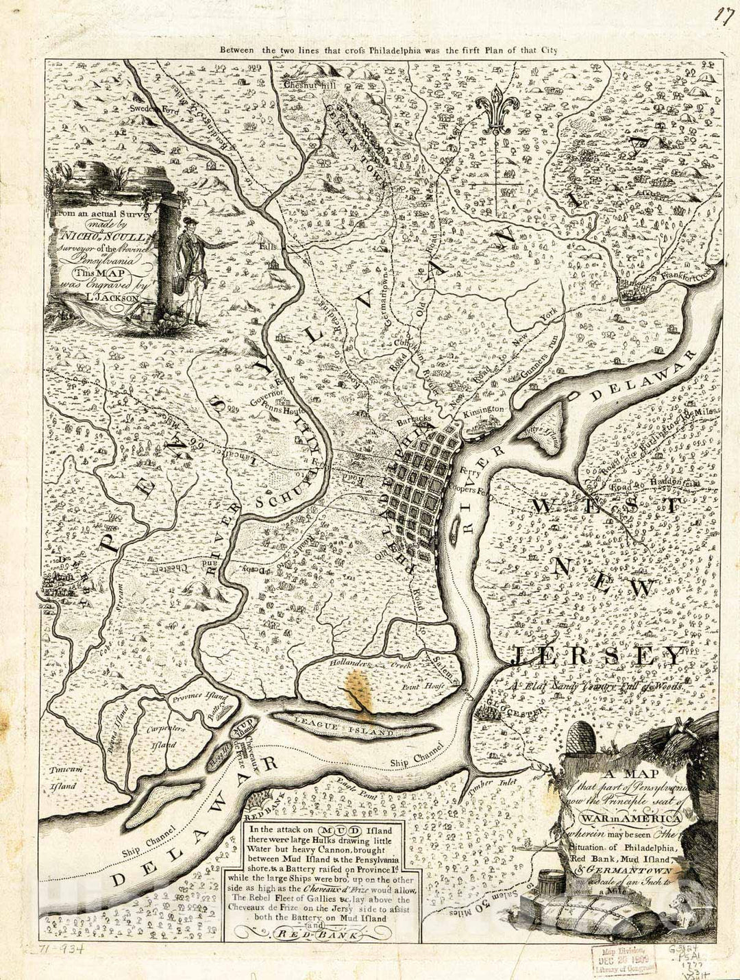 Historic 1777 Map - A map of That Part of Pensylvania Now The Principle sic seat of war in America, wherein May be seen The Situation of Philadelphia, Red Bank, Mud Island, Germantown.