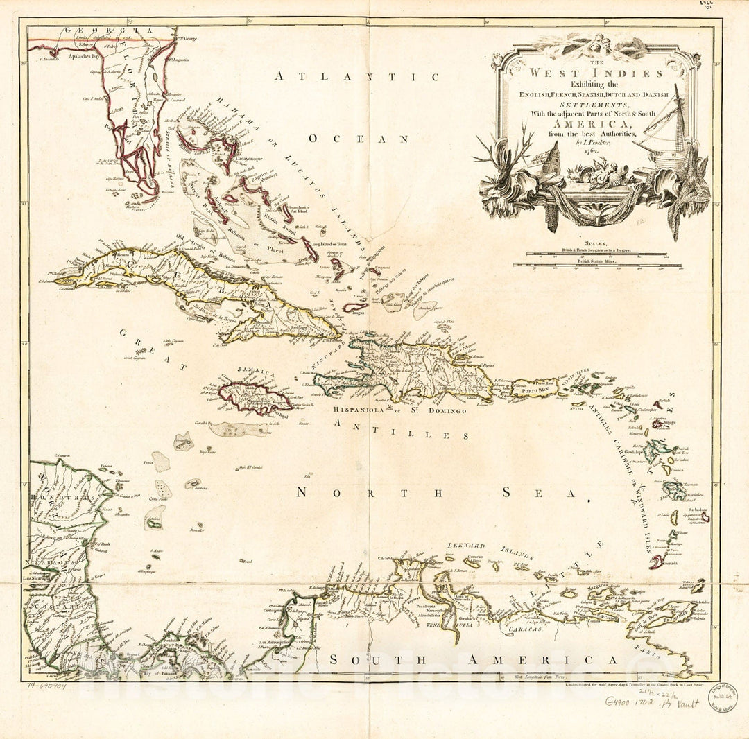 Historic 1762 Map - The West Indies exhibiting The English, French, Spanish, Dutch, and Danish settlements, with The Adjacent Parts of North & South America, from The Best Authorities,