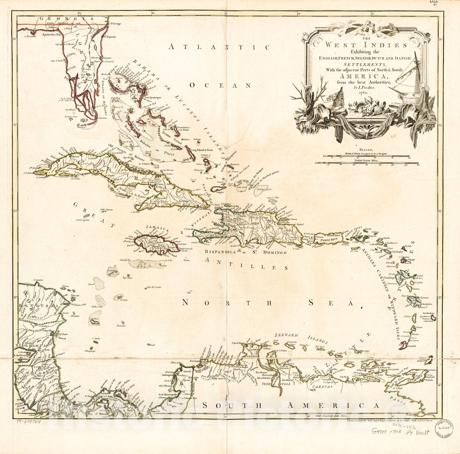 Historic 1762 Map - The West Indies exhibiting The English, French, Spanish, Dutch, and Danish settlements, with The Adjacent Parts of North & South America, from The Best Authorities,