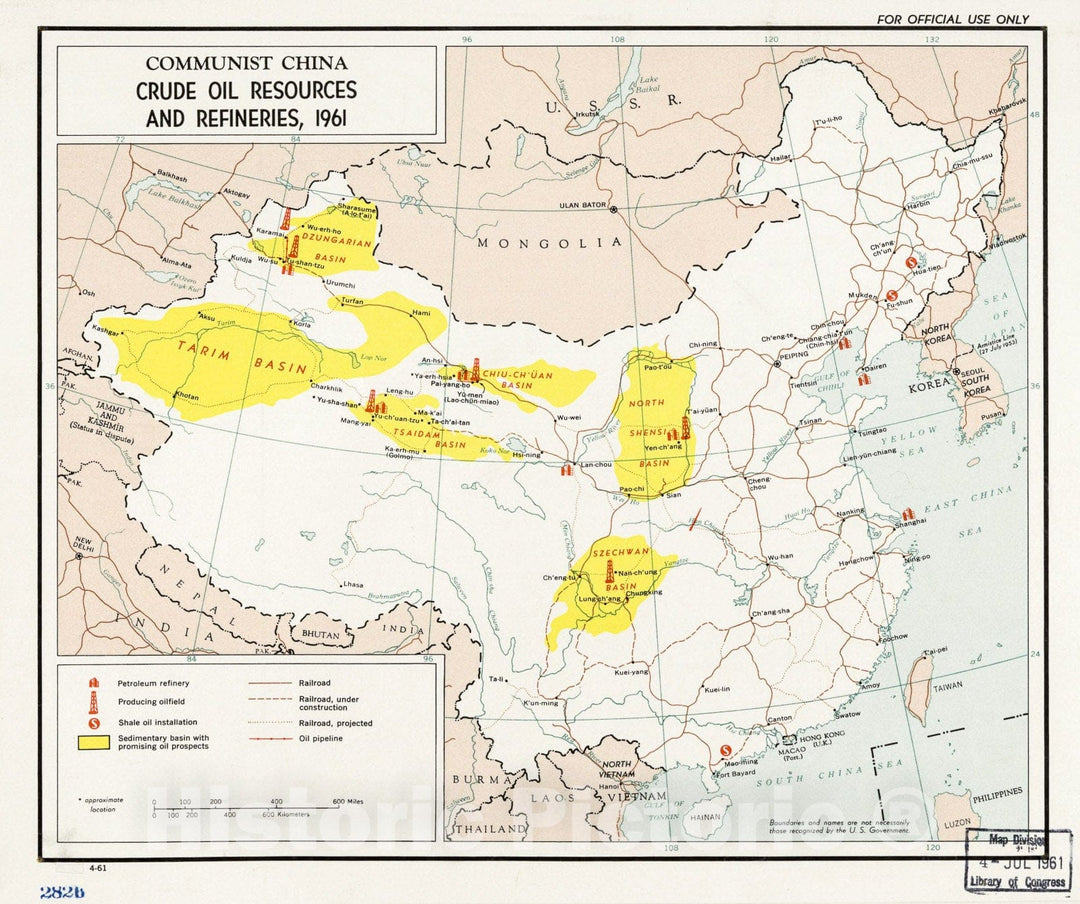 Historic 1961 Map - Communist China, Crude Oil Resources and Refineries.