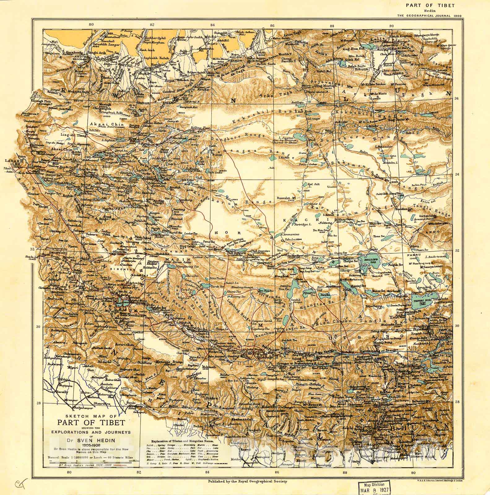 Historic 1906 Map - Sketch map of Part of Tibet Showing The explorations and Journeys of Dr. Sven Hedin, 1906-1908.