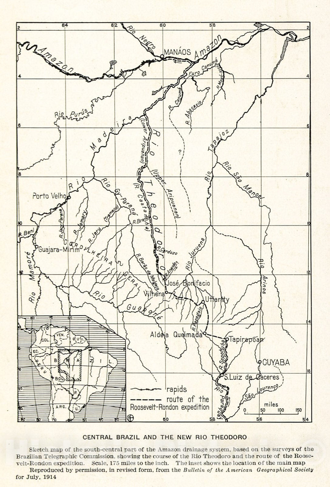 Historic 1915 Map - Central Brazil and The New Rio Theodoro.