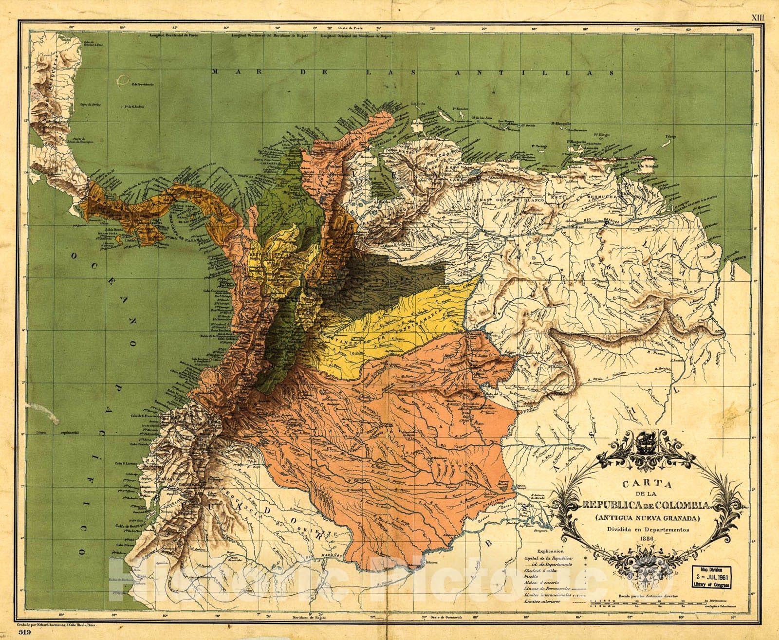 Historic 1886 Map - Carta de la Republica de Colombia.