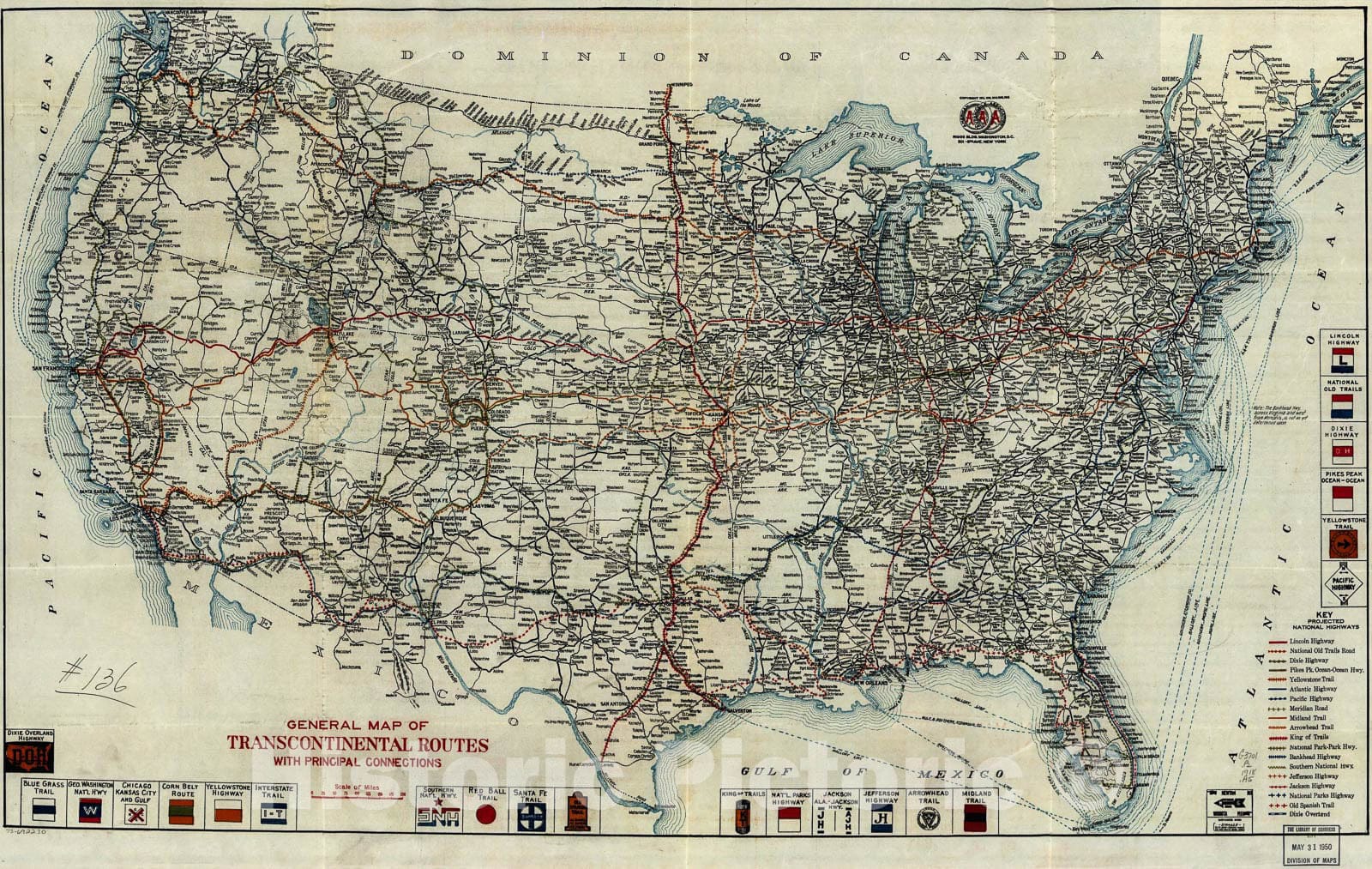 Historic 1918 Map - General map of transcontinental Routes with Principal Connections.