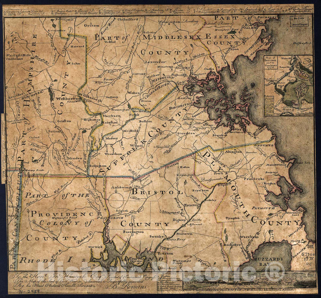 Historic 1775 Map - to The Hone. Jno. Hancock, Esqre. President of ye Continental Congress, This map of The seat of Civil war in America