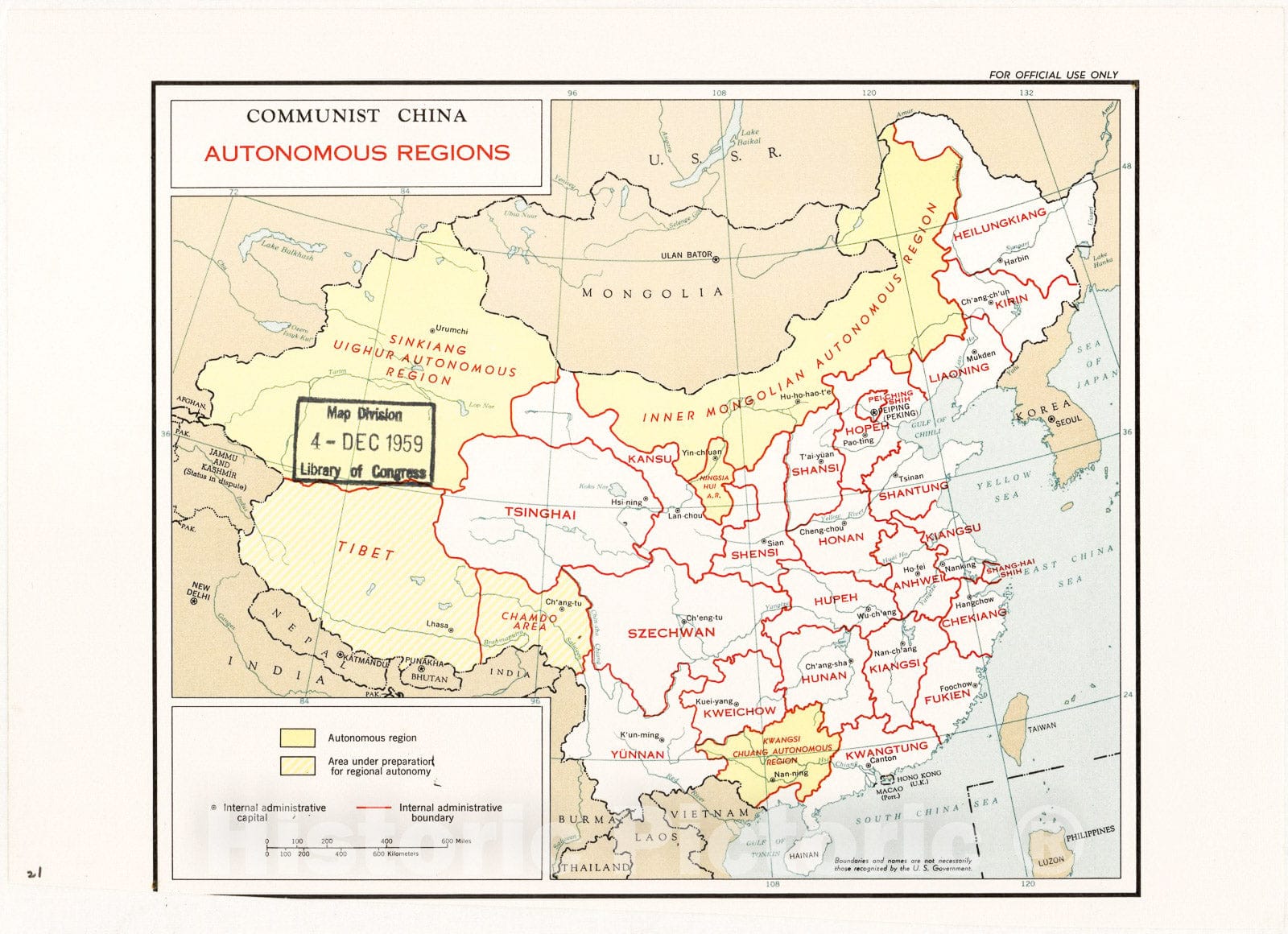 Historic 1959 Map - Communist China Autonomous Regions.