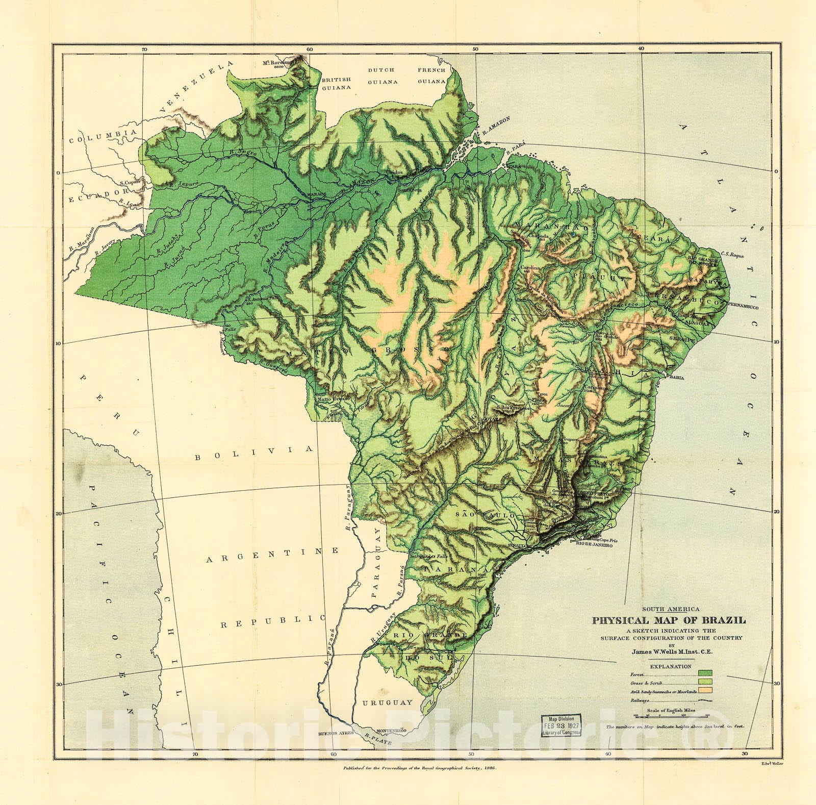 Historic 1886 Map - Physical map of Brazil.