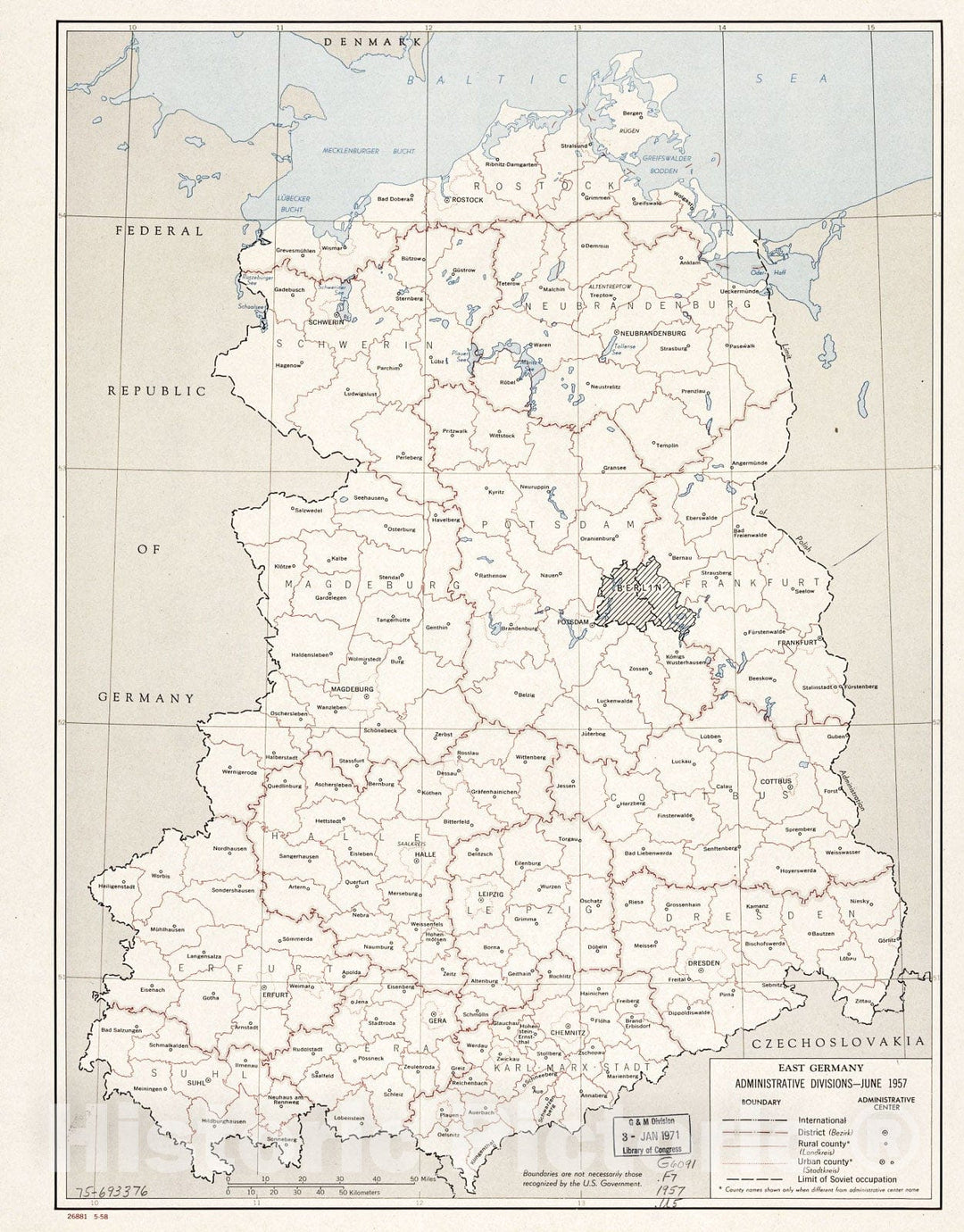 Historic 1958 Map - East Germany: Administrative divisions-June 1957. 5-58.