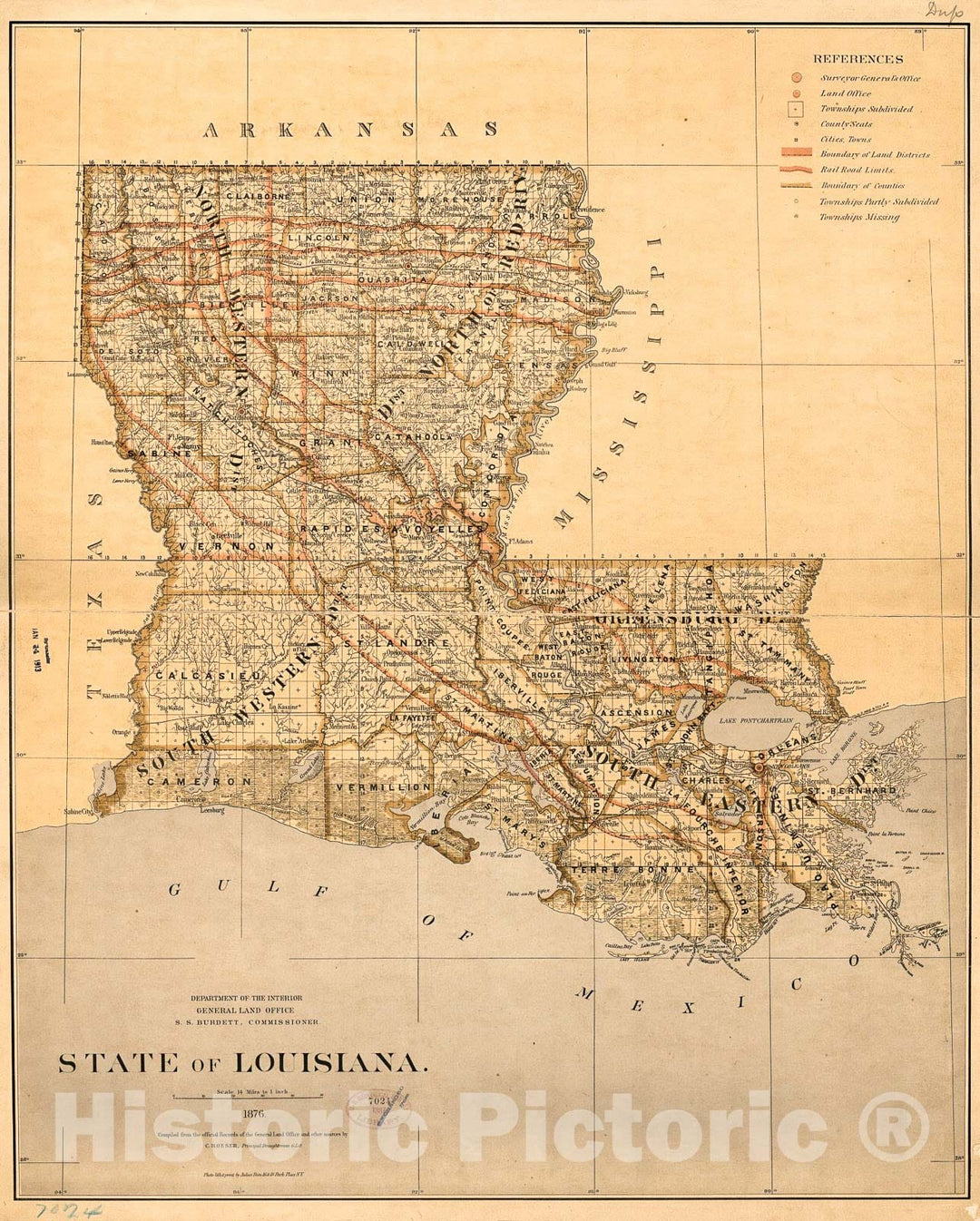 Historic 1876 Map - State of Louisiana