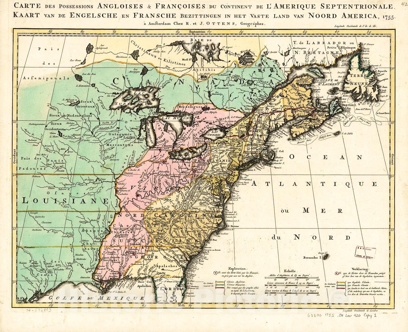 Historic 1755 Map - Carte des Possessions angloises & franÃ§oises du Continent de l'AmÃ©rique septentrionale.