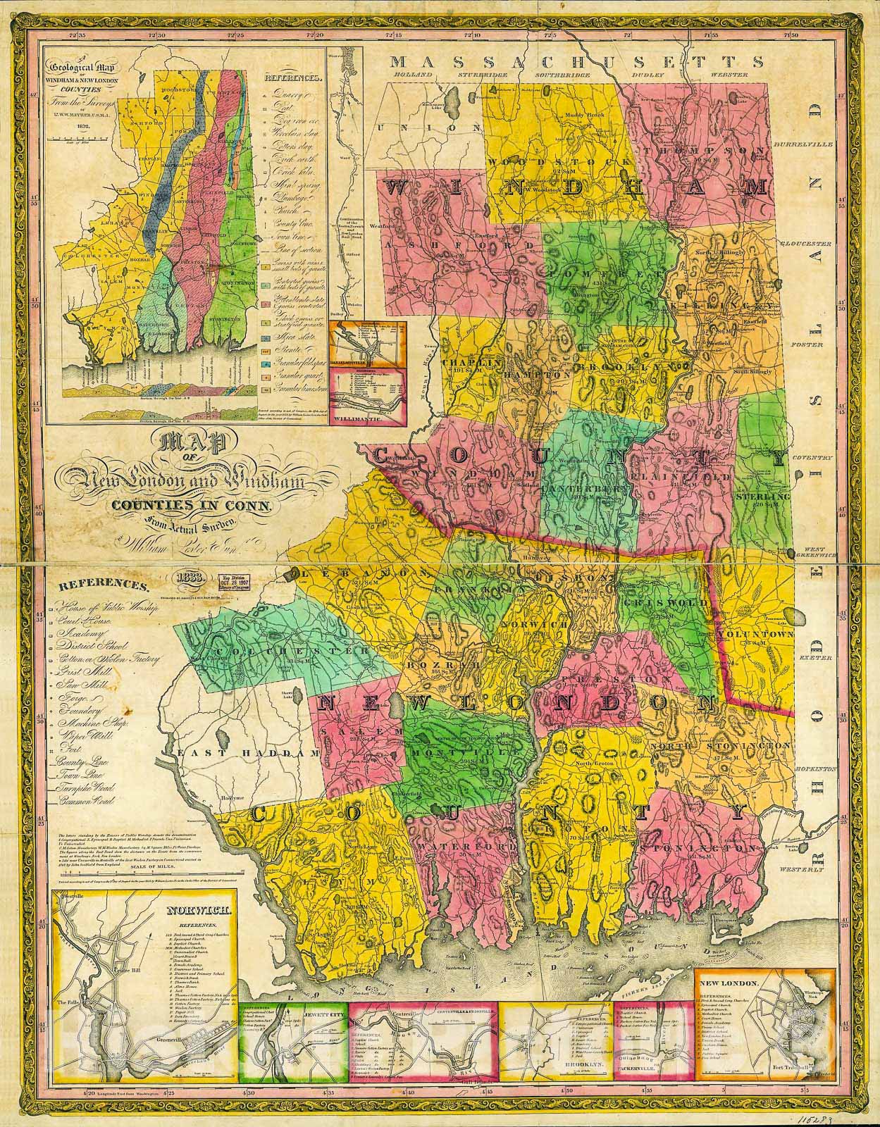 Historic 1833 Map - Map of New London and Windham Counties in Conn.