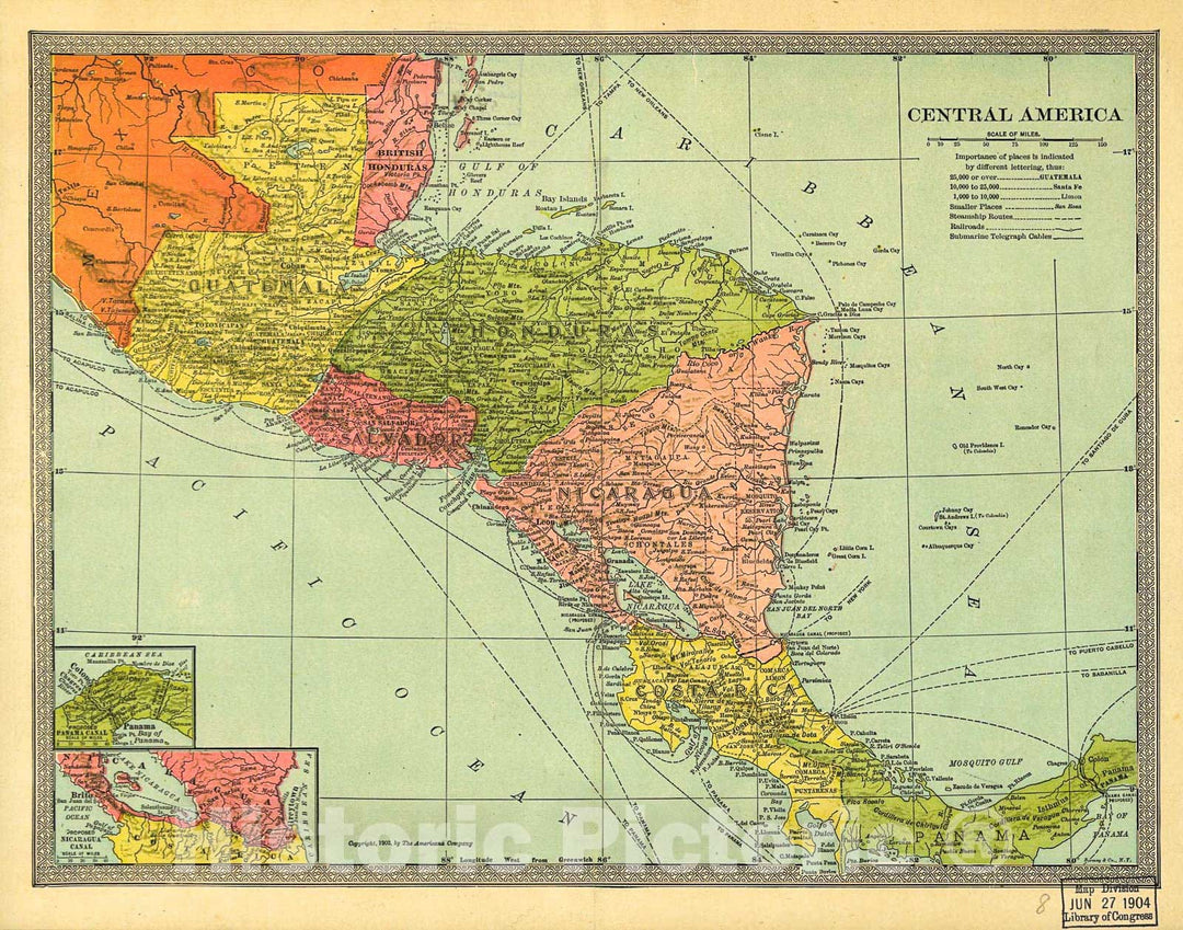 Historic 1904 Map - Central America. 2