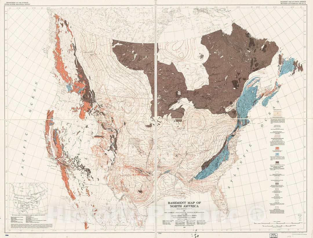 Historic 1967 Map - Basement map of North America Between latitudes 24Â° and 60Â° N