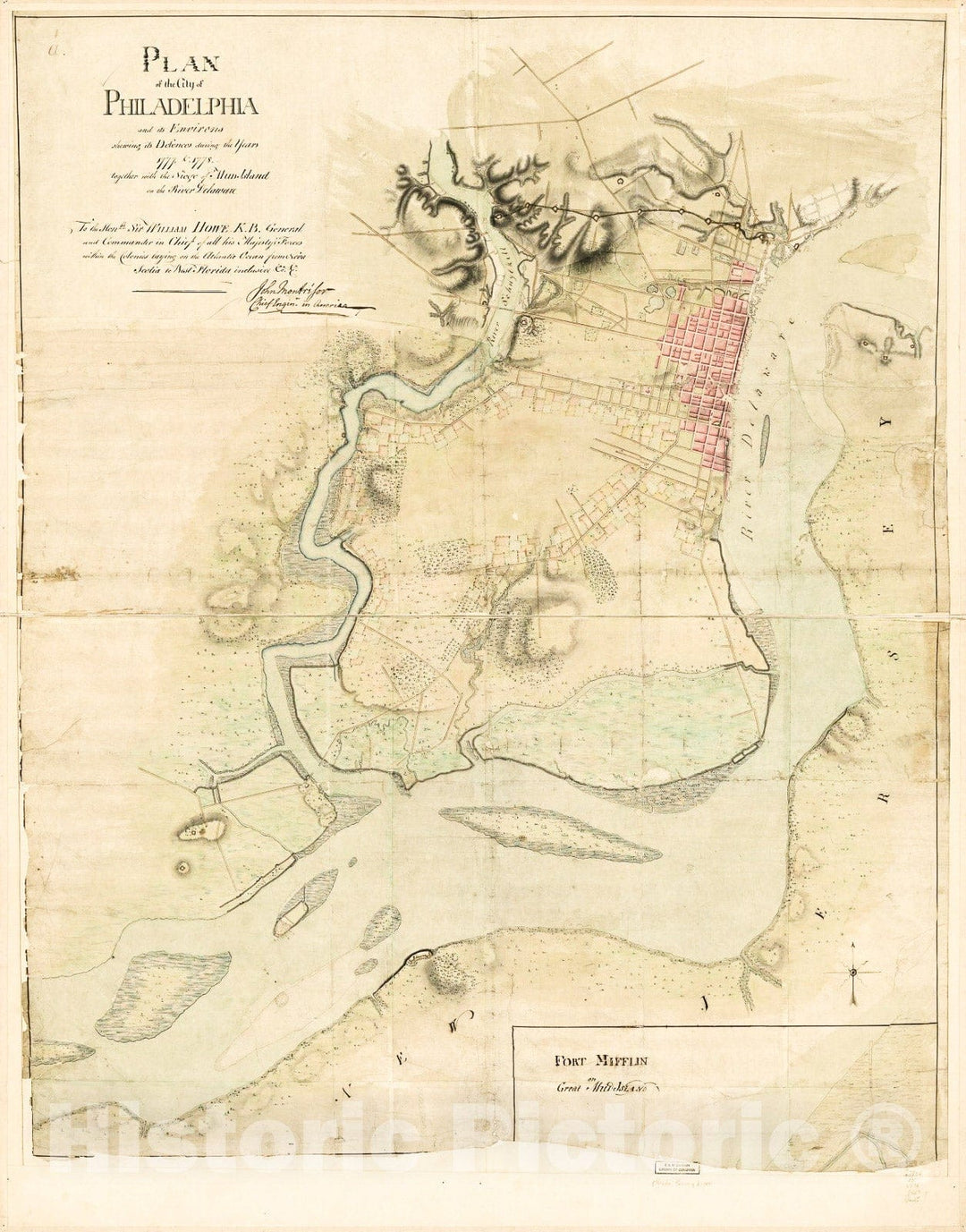 Historic 1778 Map - Plan of The City of Philadelphia and its Environs shewing its defences During The Years 1777 & 1778, Together with The Siege of Mud Island on The River Delaware.