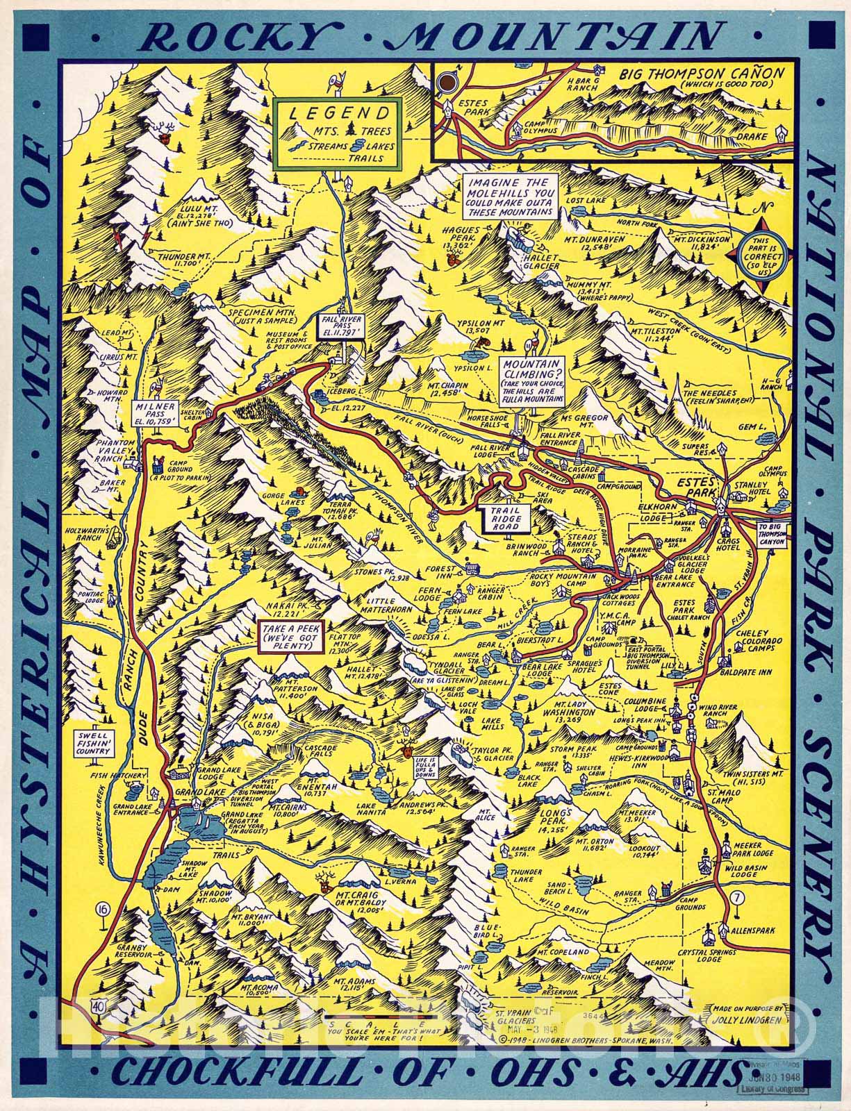 Historic 1948 Map - A Hysterical map of Rocky Mountain National Park Scenery : chockfull of OHS & AHS