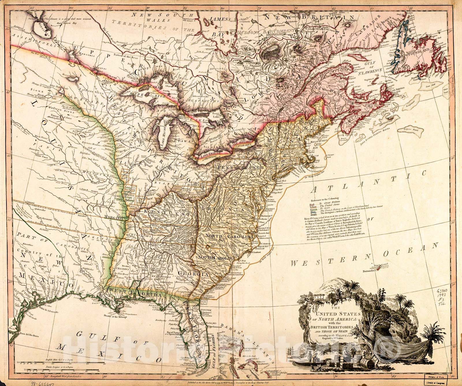 Historic 1793 Map - The United States of North America, with The British Territories.