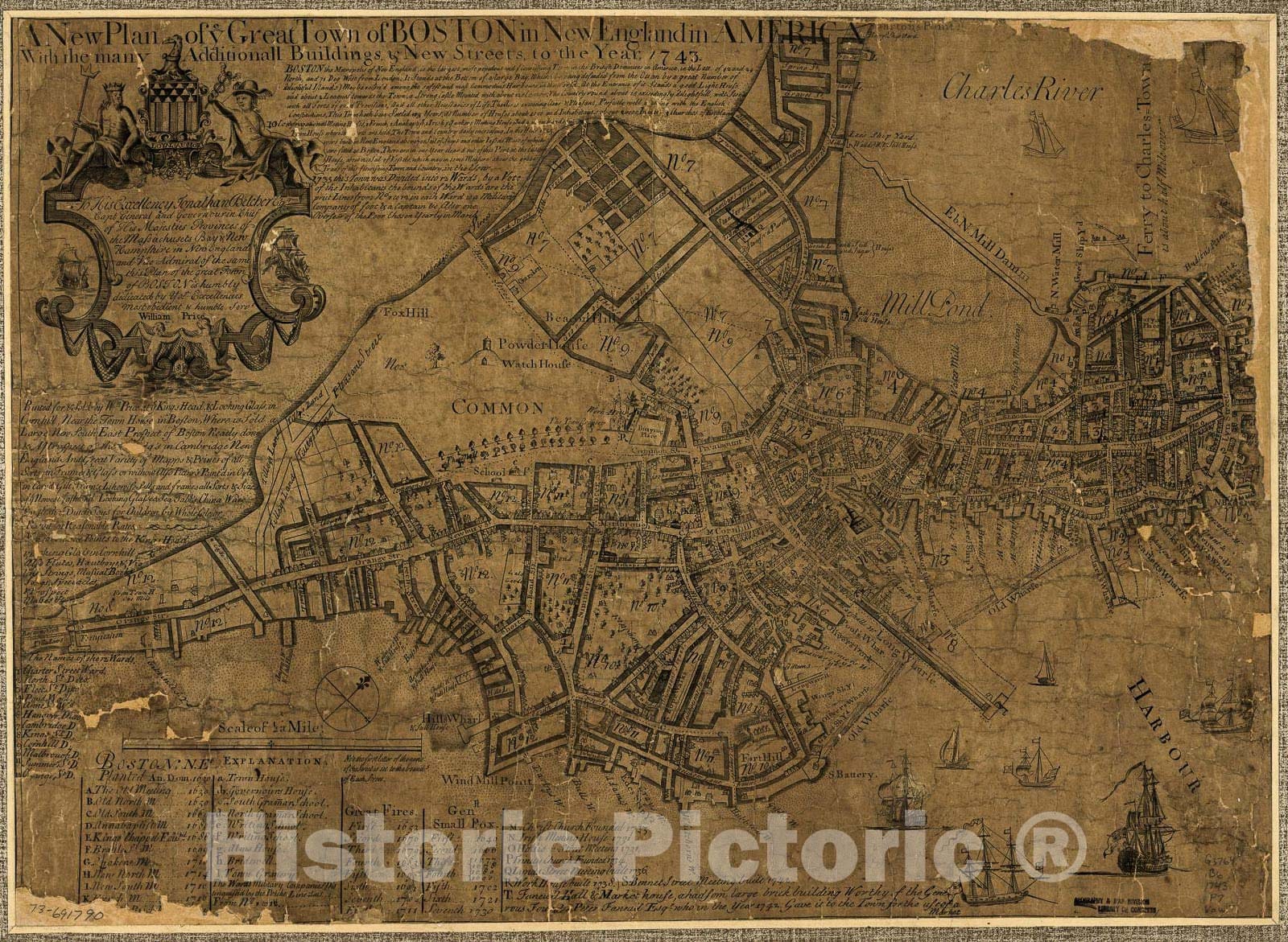 Historic 1743 Map - A New Plan of ye Great Town of Boston in New England in America with The Many additionall Buildings & New Streets to The Year 1743.