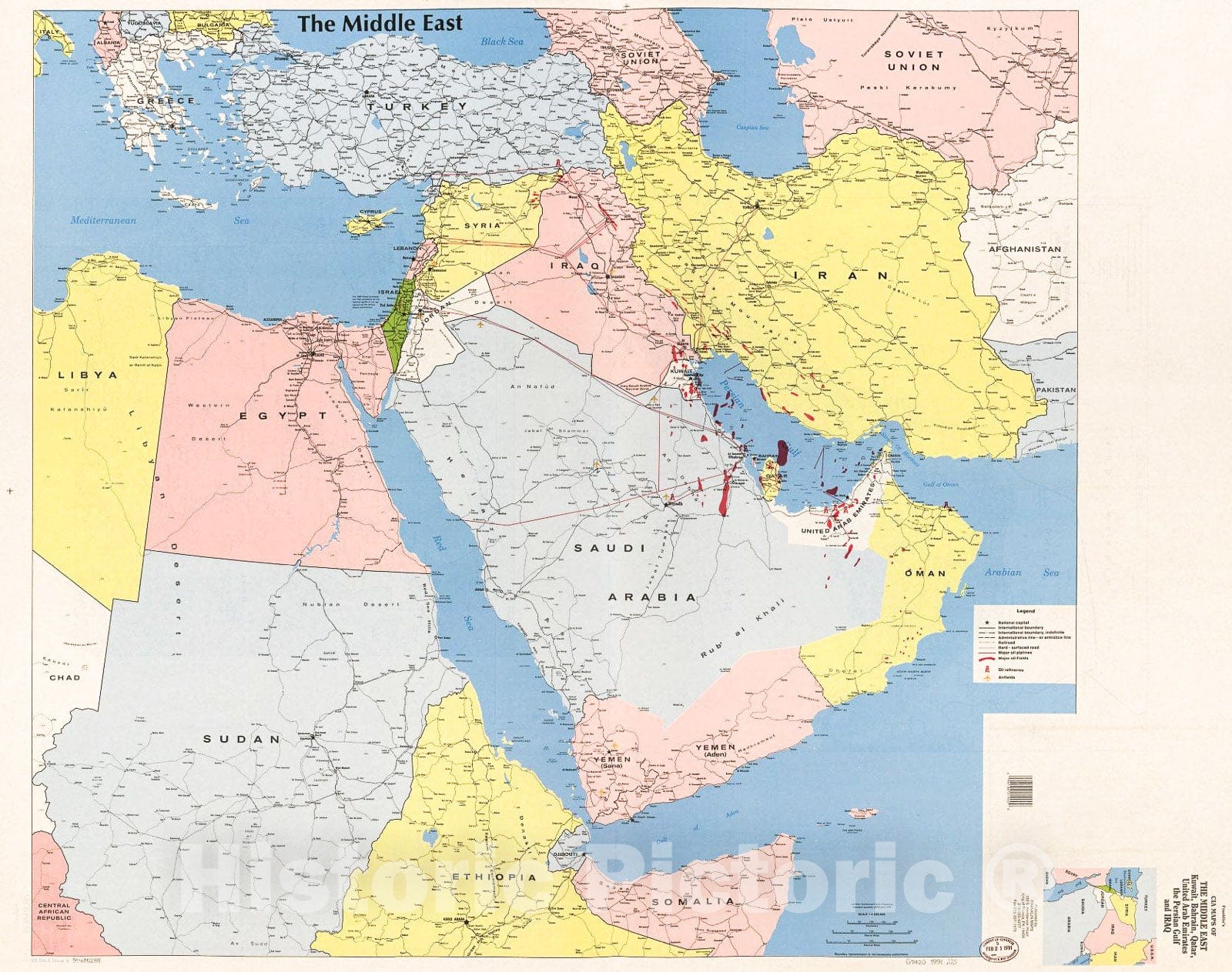 Historic 1991 Map - Franklin's CIA maps of The Middle East : Kuwait, Bahrain, Qatar, United Arab Emirates, The Persian Gulf, and Iraq