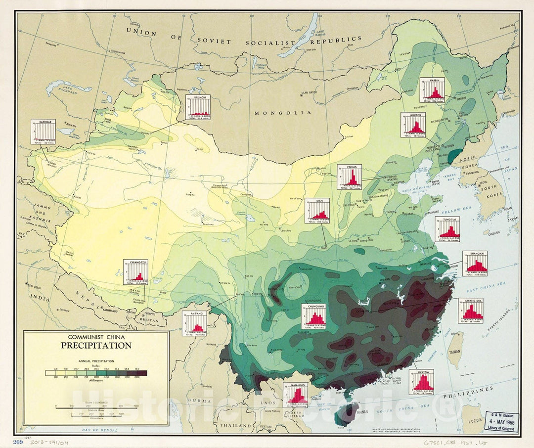 Historic 1967 Map - Communist China, Precipitation.