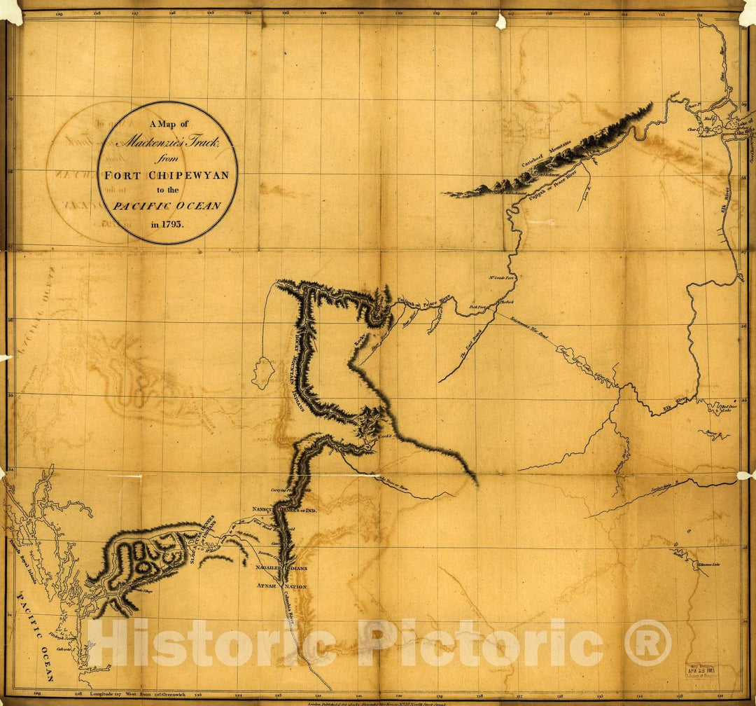 Historic 1801 Map - A map of Mackenzie's Track from Fort Chipewyan to The Pacific Ocean in 1793.