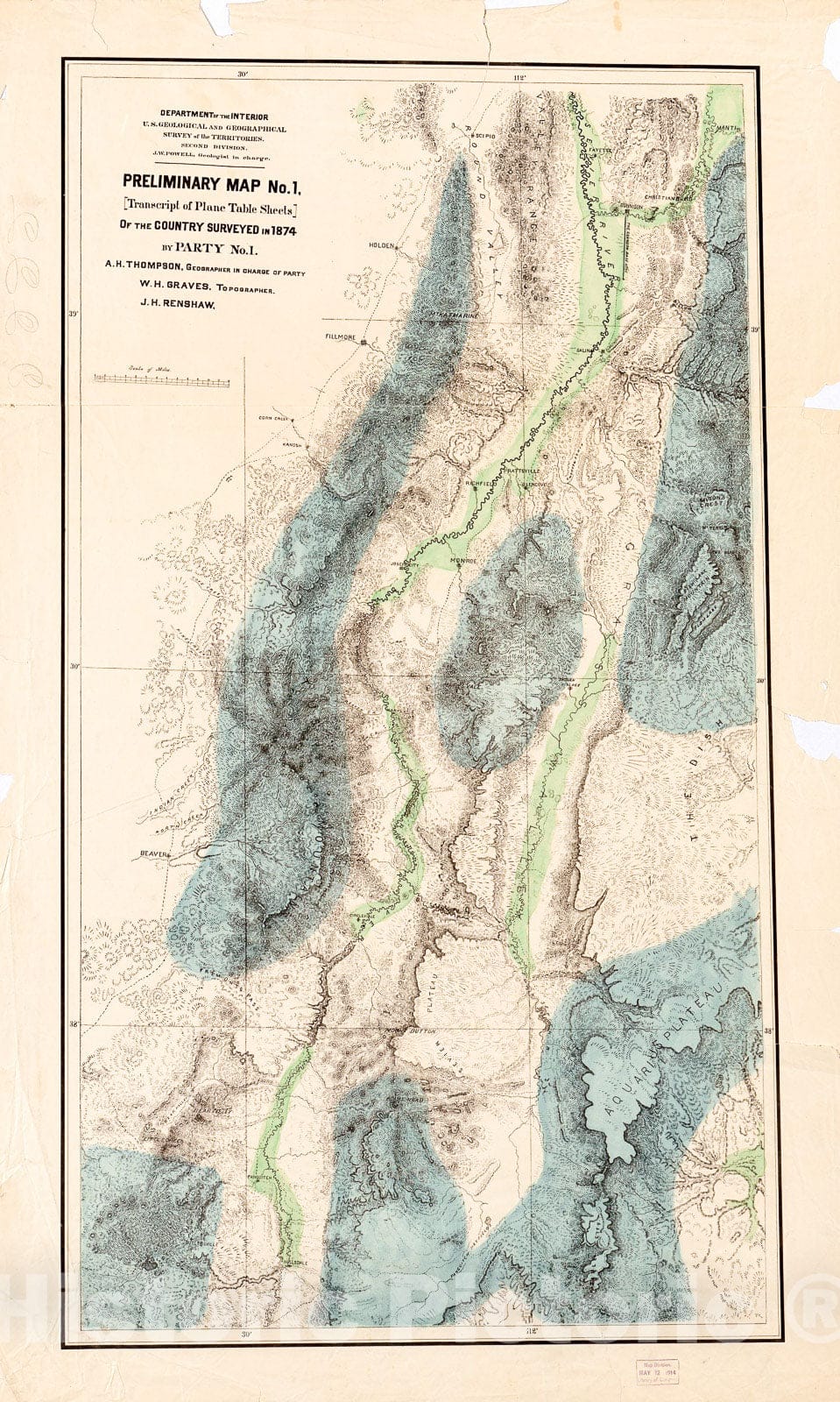 Historic 1874 Map - Preliminary map no. 1, (Transcript of Plane Table Sheets) of The Country surveyed in 1874 by Party No. 1