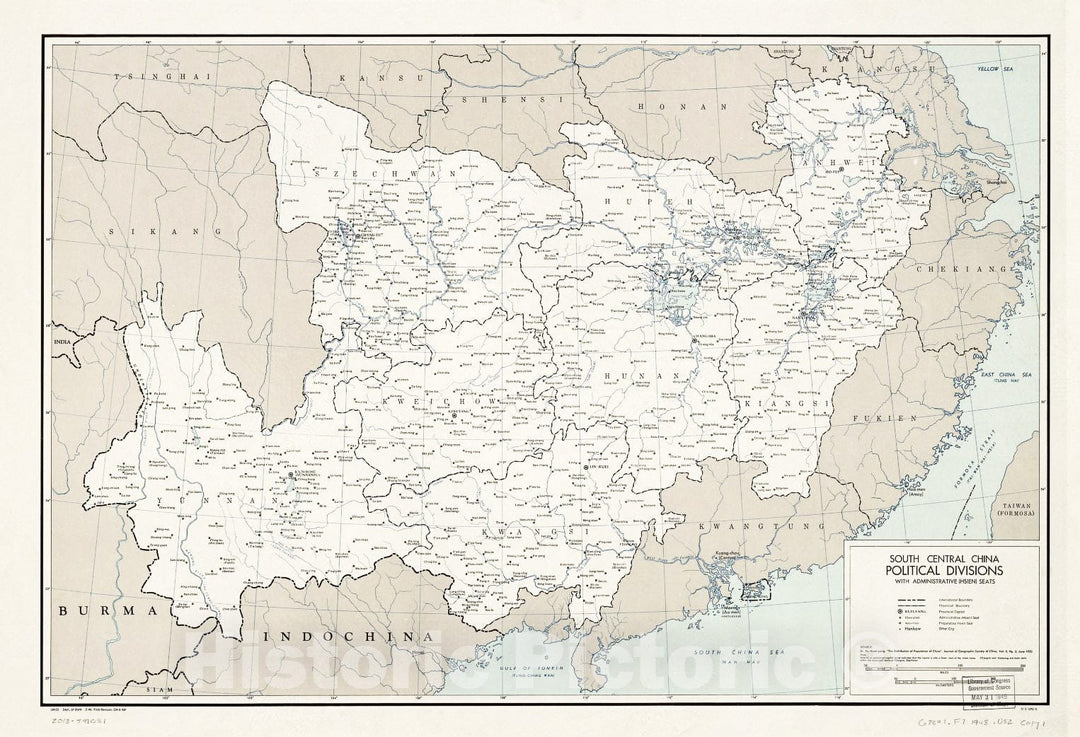 Historic 1948 Map - South Central China, Political divisions with Administrative (Hsien) Seats