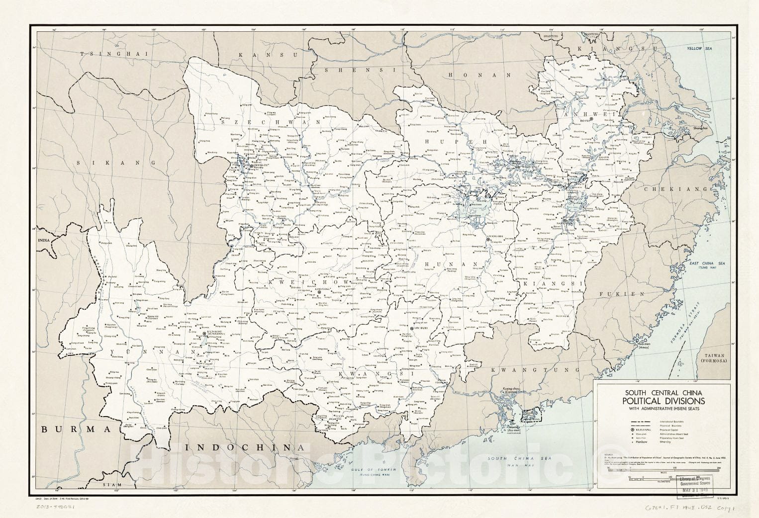 Historic 1948 Map - South Central China, Political divisions with Administrative (Hsien) Seats