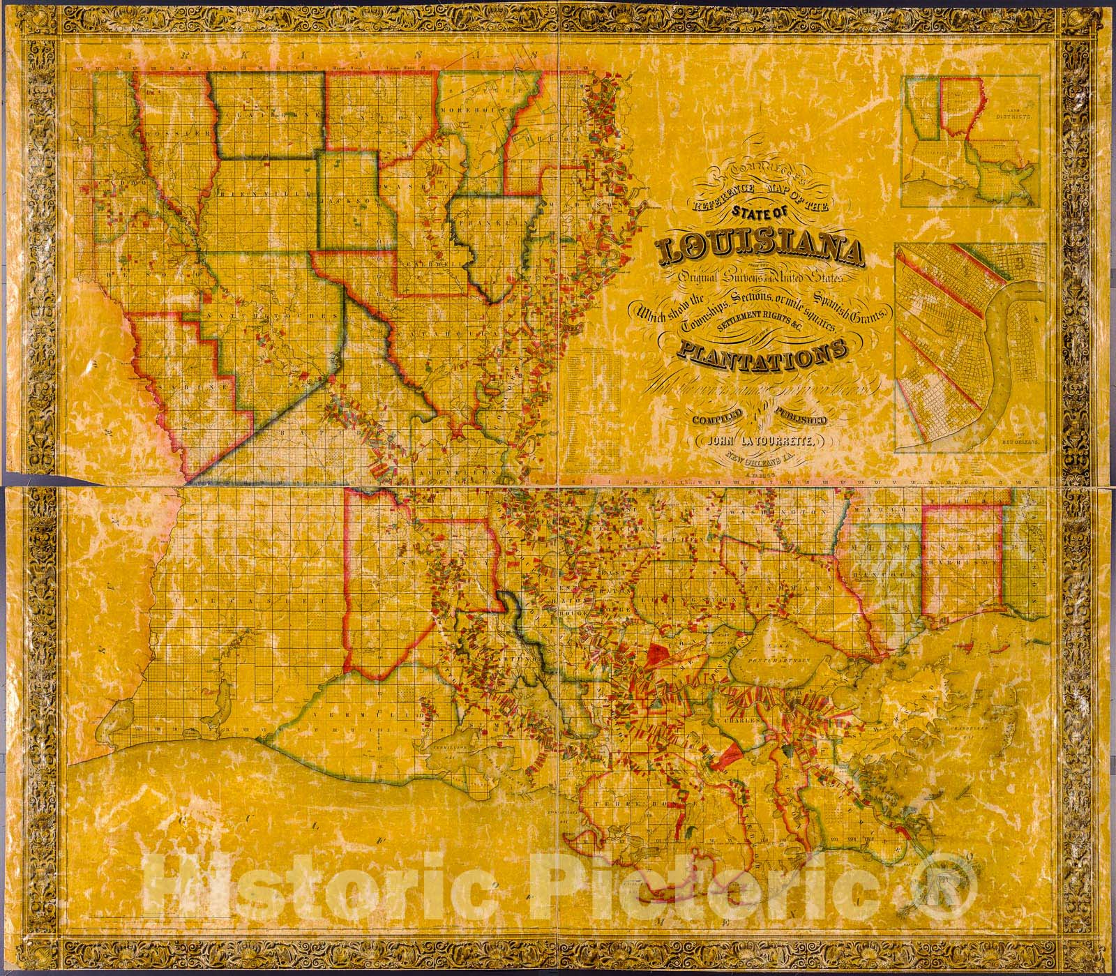 Historic 1848 Map - La Tourrette's Reference map of The State of Louisiana : from The Original surveys of The United States