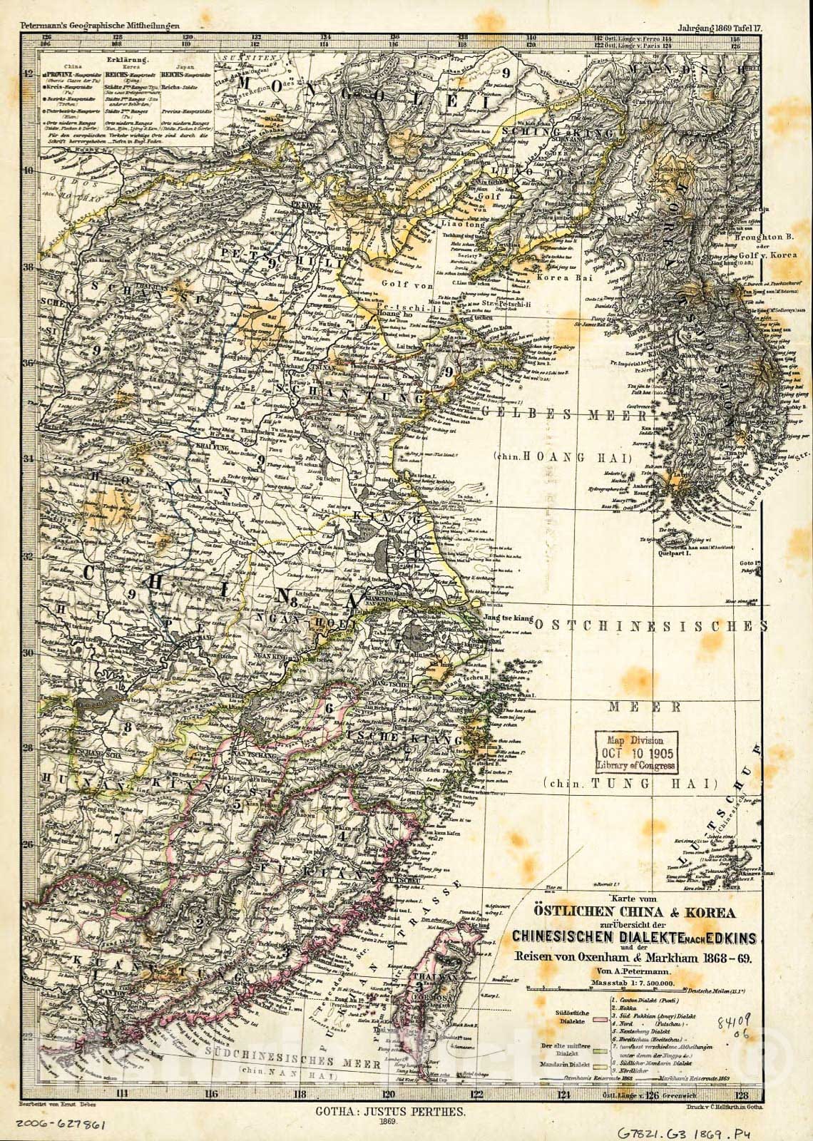 Historic 1869 Map - Karte vom Ã¶stlichen China & Korea zur Ãœbersicht der chinesischen Dialekte nach Edkins und der Reisen von Oxenham & Markham 1868-69