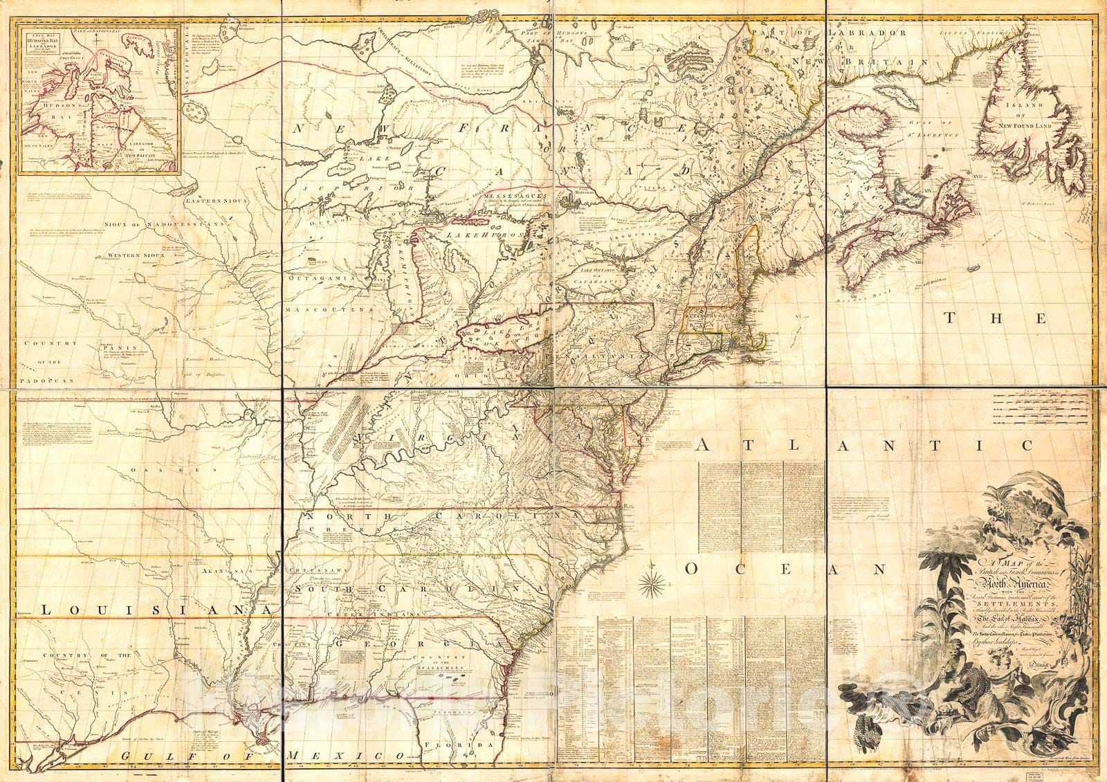 Historic 1757 Map - A map of The British and French dominions in North America, with The Roads, Distances, Limits, and Extent of The settlements