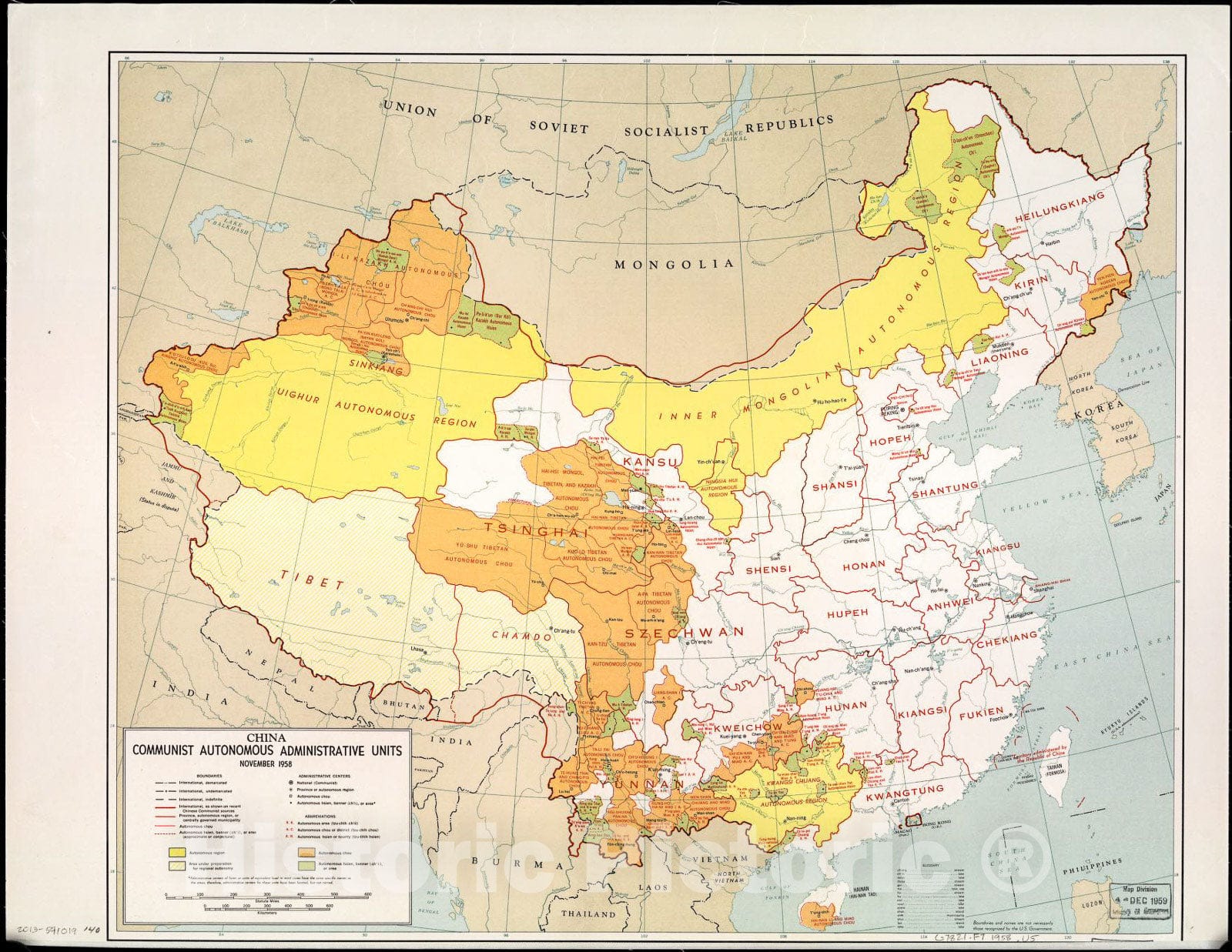 Historic 1958 Map - China, Communist Autonomous Administrative Units, November 1958.