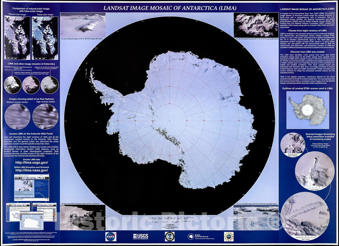 Historic 2007 Map - Landsat Image Mosaic of Antarctica (Lima)